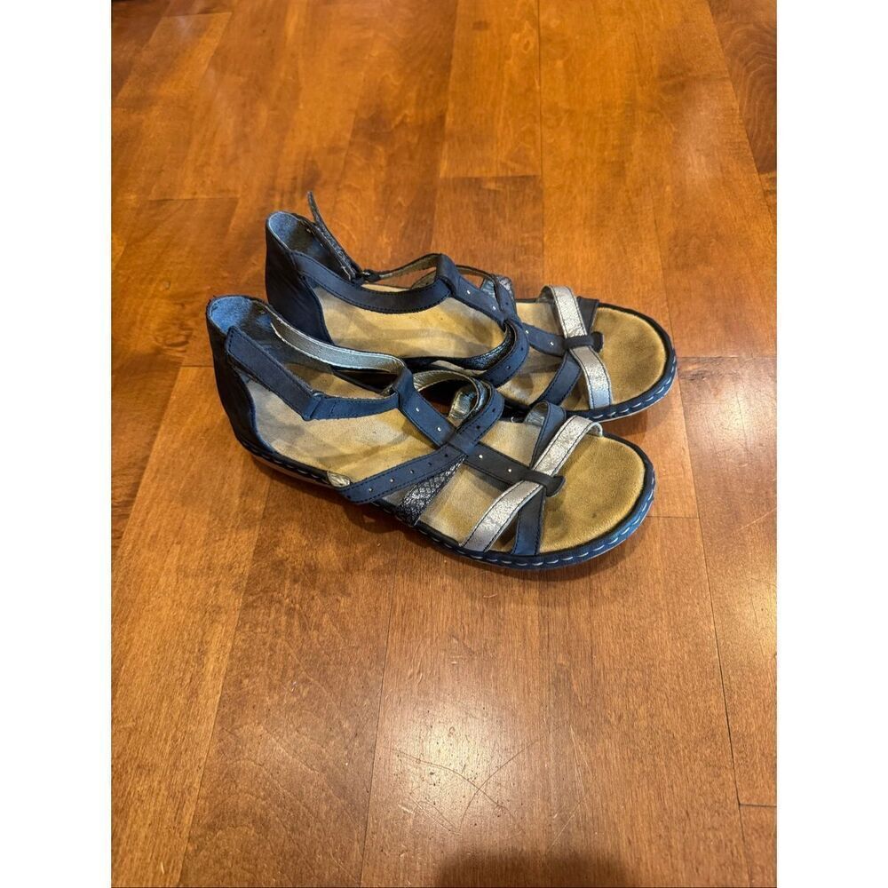 Rieker Women’s Leather Strappy Sandals EU 37 US 6 Comfort Black Silver Casual